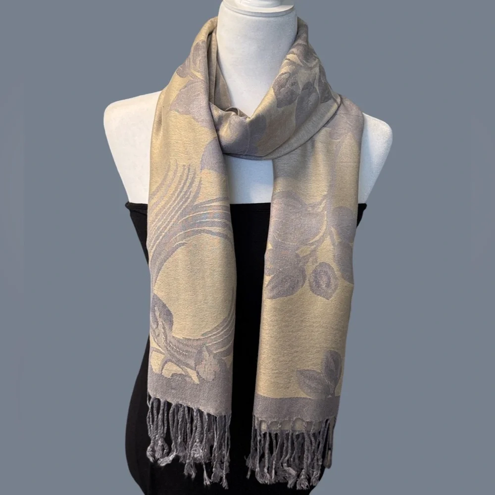 Champagne Floral Soft Pashmina  Reversible Scarf NEW